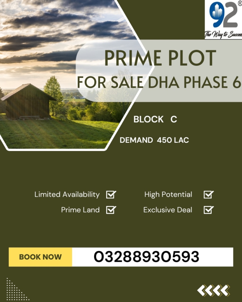 Prime 1 Kanal plot for sale in DHA Phase 6 Block C, Lahore. Hot location, plot no. 985, demand 450. Ideal for home or investment opportunity